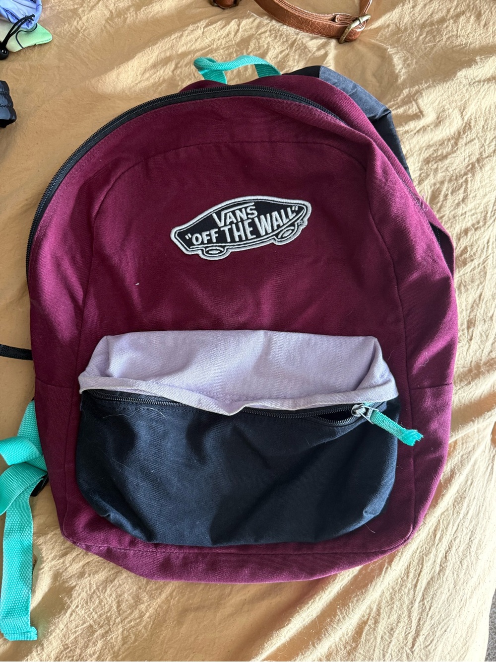 Vans Burgundy Backpack with Black Front Pocket and Mint Accents